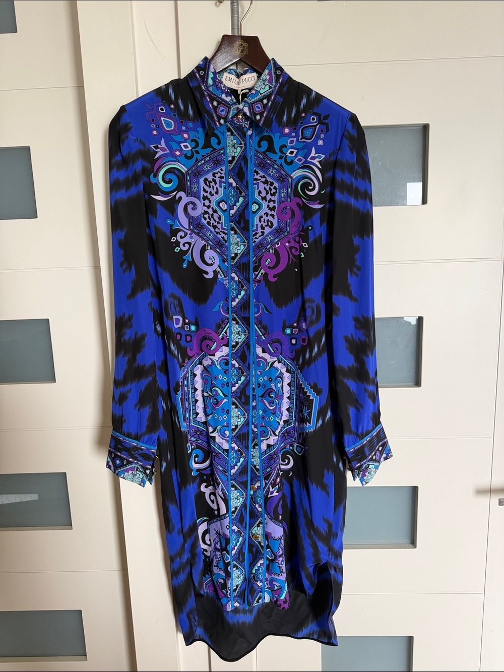 BNWT Emilio Pucci Silk Blue Black & Purple Pattern Midi Shirt Shift Dress